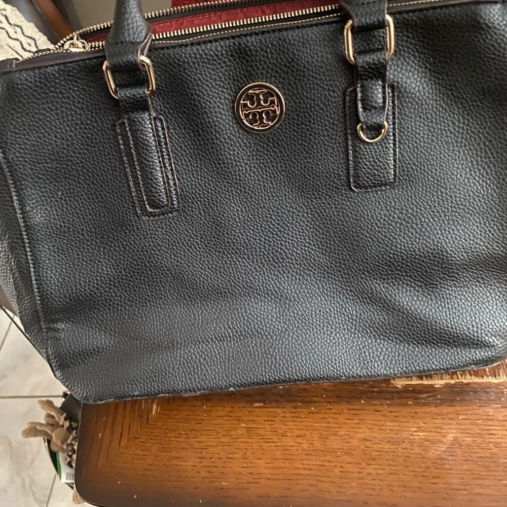 Tory Burch Black Leather Tote with Gold Logo